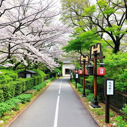 A scenic path in Japan that splits into two directions, surrounded by lush greenery and traditional Japanese elements such as cherry blossom trees, wooden signposts, and lanterns