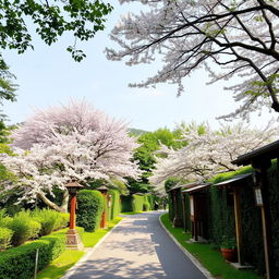 A scenic path in Japan that splits into two directions, surrounded by lush greenery and traditional Japanese elements such as cherry blossom trees, wooden signposts, and lanterns