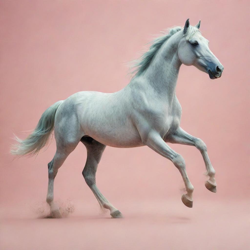 Minimalist design capturing a well-defined silhouette of a dynamic horse in motion, set against a dreamy, subtly detailed, pastel-colored backdrop