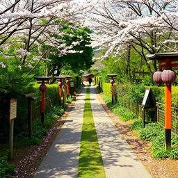 A scenic path in Japan that splits into two directions, surrounded by lush greenery and traditional Japanese elements such as cherry blossom trees, wooden signposts, and lanterns