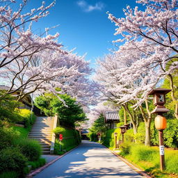 A scenic path in Japan that splits into two directions, surrounded by lush greenery and traditional Japanese elements such as cherry blossom trees, wooden signposts, and lanterns