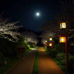 A scenic path in Japan that splits into two directions at night, illuminated by traditional Japanese lanterns