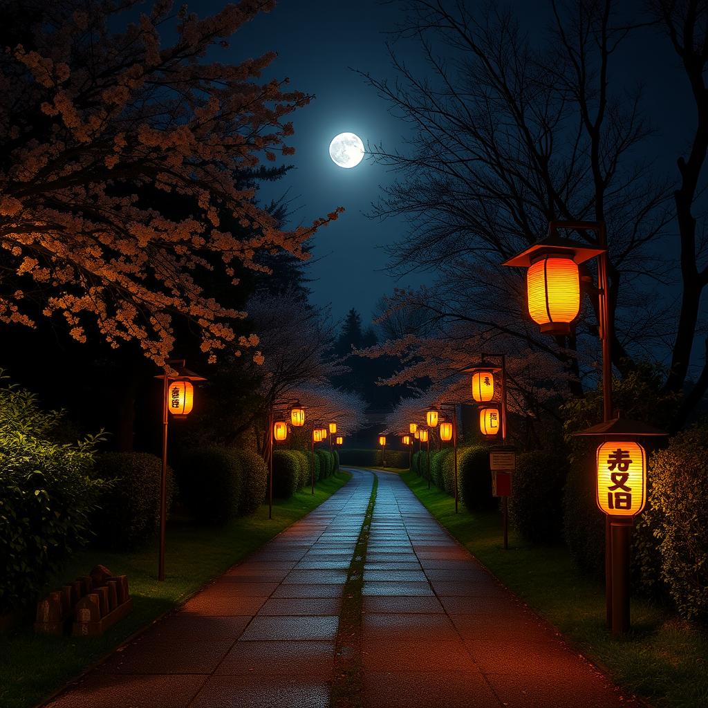 A scenic path in Japan that splits into two directions at night, illuminated by traditional Japanese lanterns