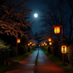 A scenic path in Japan that splits into two directions at night, illuminated by traditional Japanese lanterns