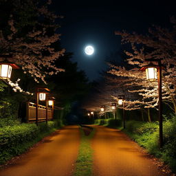 A scenic path in Japan that splits into two directions at night, illuminated by traditional Japanese lanterns