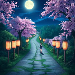 A scenic path in Japan that splits into two directions at night, illuminated by traditional Japanese lanterns