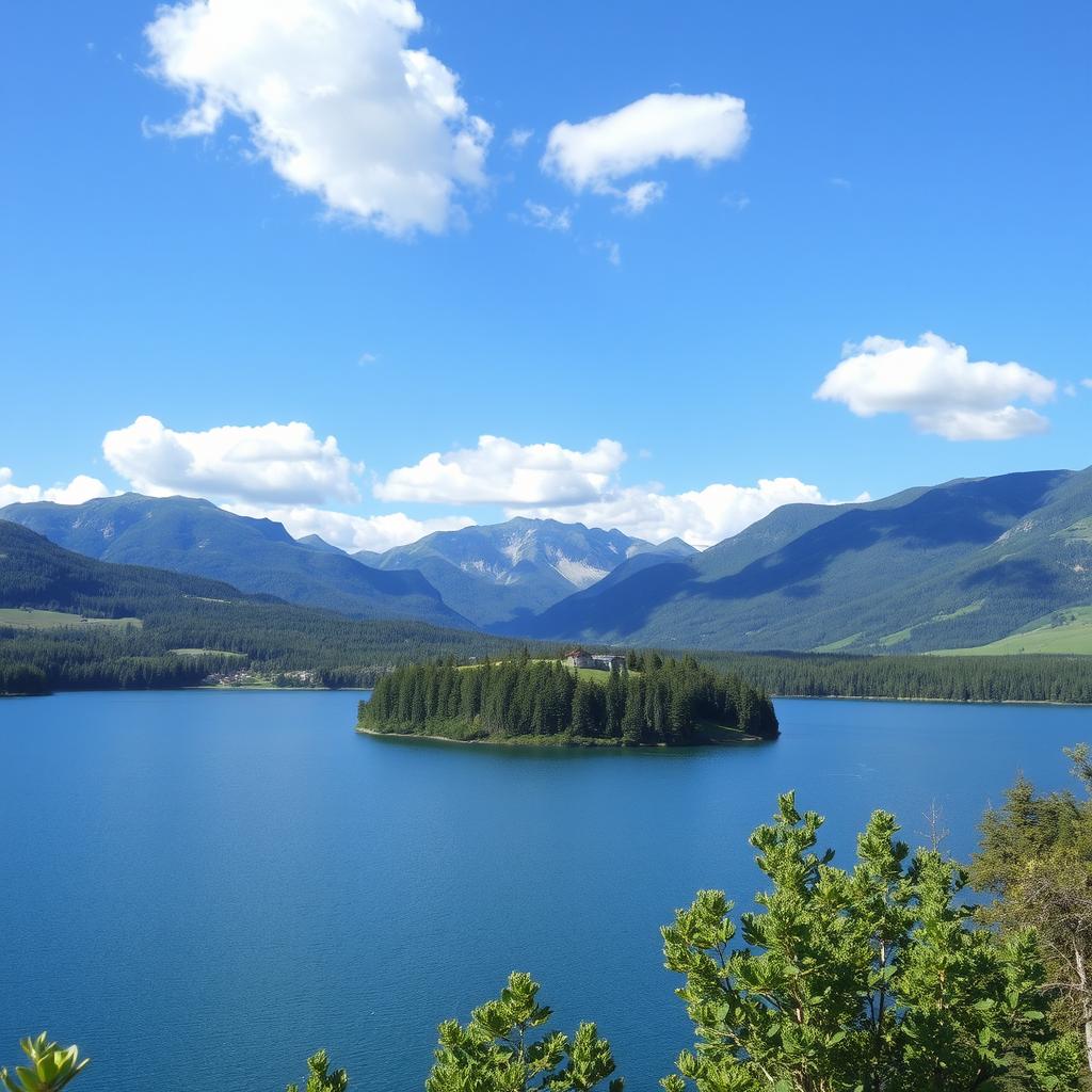 A beautiful landscape featuring a serene lake surrounded by lush greenery and mountains in the background, under a clear blue sky with a few fluffy clouds