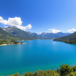 A beautiful landscape featuring a serene lake surrounded by lush greenery and mountains in the background, under a clear blue sky with a few fluffy clouds