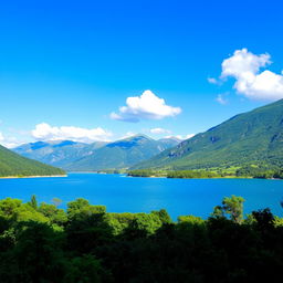 A beautiful landscape featuring a serene lake surrounded by lush greenery and mountains in the background, under a clear blue sky with a few fluffy clouds