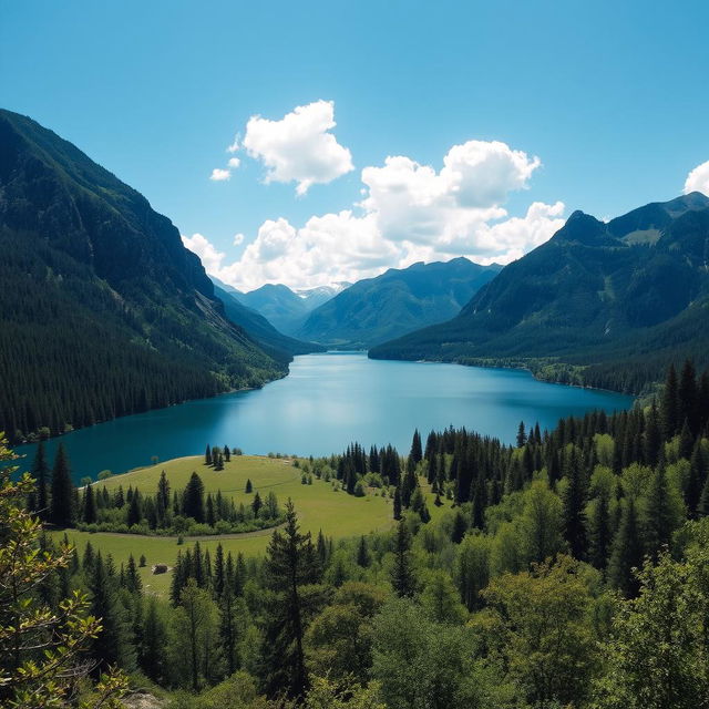 A beautiful landscape featuring a serene lake surrounded by lush greenery and mountains in the background, under a clear blue sky with a few fluffy clouds