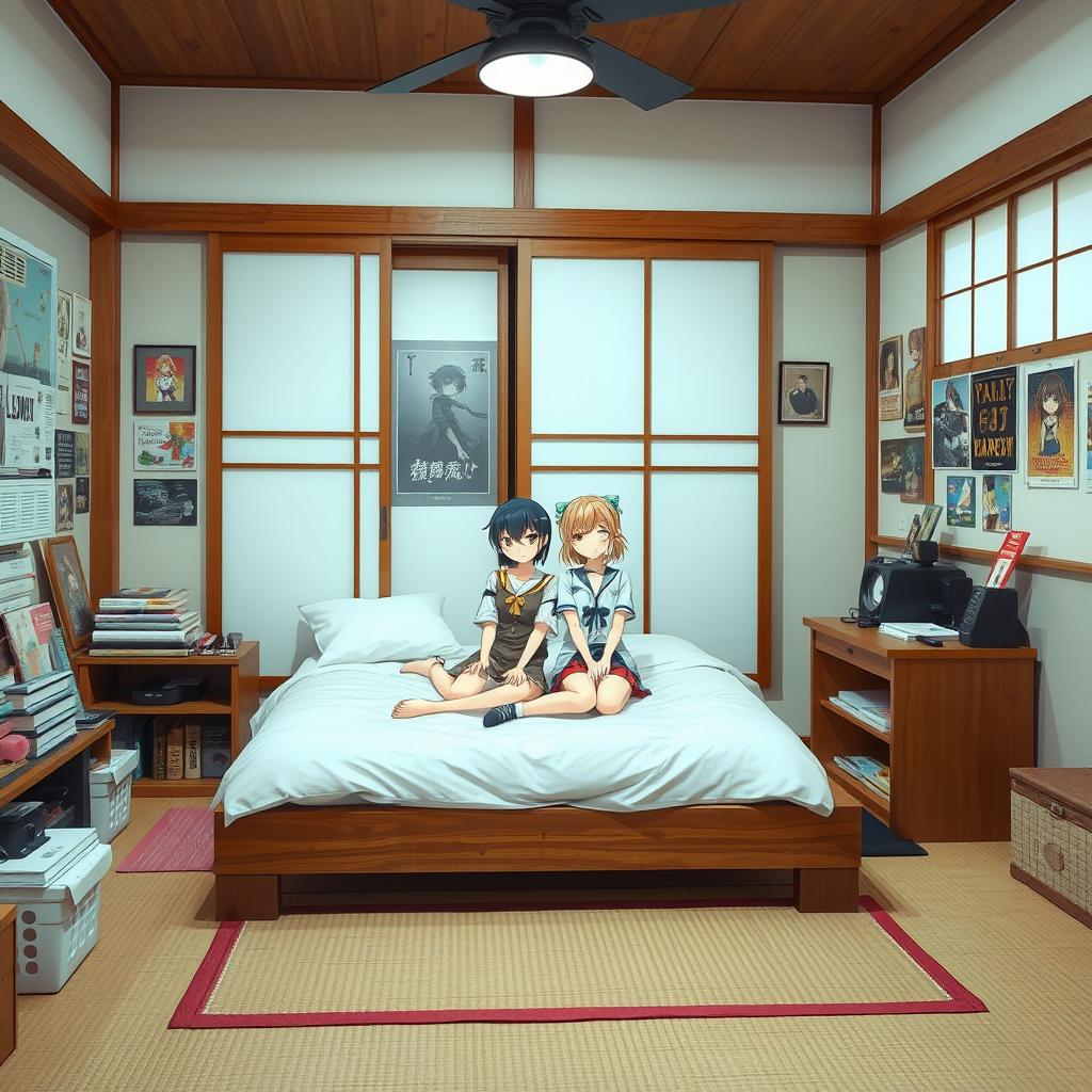 A Japanese-style bedroom with a teenage aesthetic, featuring a couple of anime characters sitting on the bed