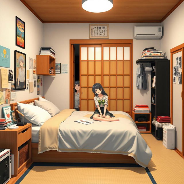 A Japanese-style bedroom with a teenage aesthetic, featuring a couple of anime characters sitting on the bed