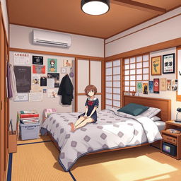 A Japanese-style bedroom with a teenage aesthetic, featuring a couple of anime characters sitting on the bed