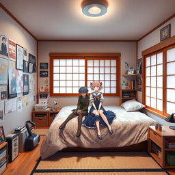 A Japanese-style bedroom with a teenage aesthetic, featuring a couple of anime characters sitting on the bed