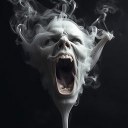 An expressionist representation of a cloud of grey smoke forming a contorted screaming face