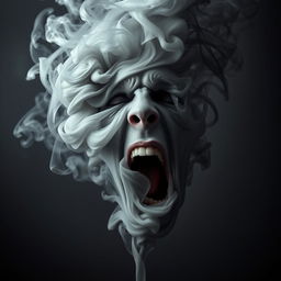 An expressionist representation of a cloud of grey smoke forming a contorted screaming face