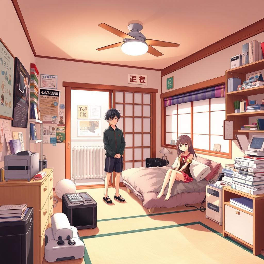 A Japanese-style bedroom with a teenage aesthetic, featuring a couple of anime characters