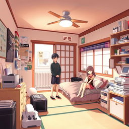 A Japanese-style bedroom with a teenage aesthetic, featuring a couple of anime characters