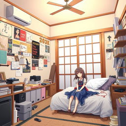 A Japanese-style bedroom with a teenage aesthetic, featuring a couple of anime characters