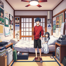 A Japanese-style bedroom with a teenage aesthetic, featuring a couple of anime characters