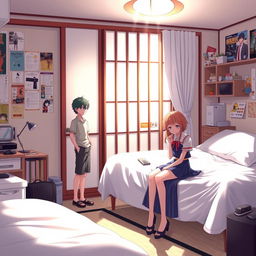 A Japanese-style bedroom with a teenage aesthetic, featuring a couple of anime characters