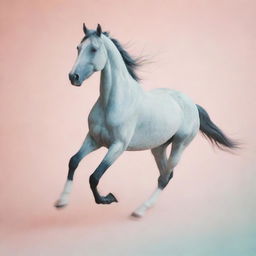 A minimalist and abstract design capturing a blurred silhouette of a horse in motion, set against a dreamy, subtly detailed, pastel-colored background