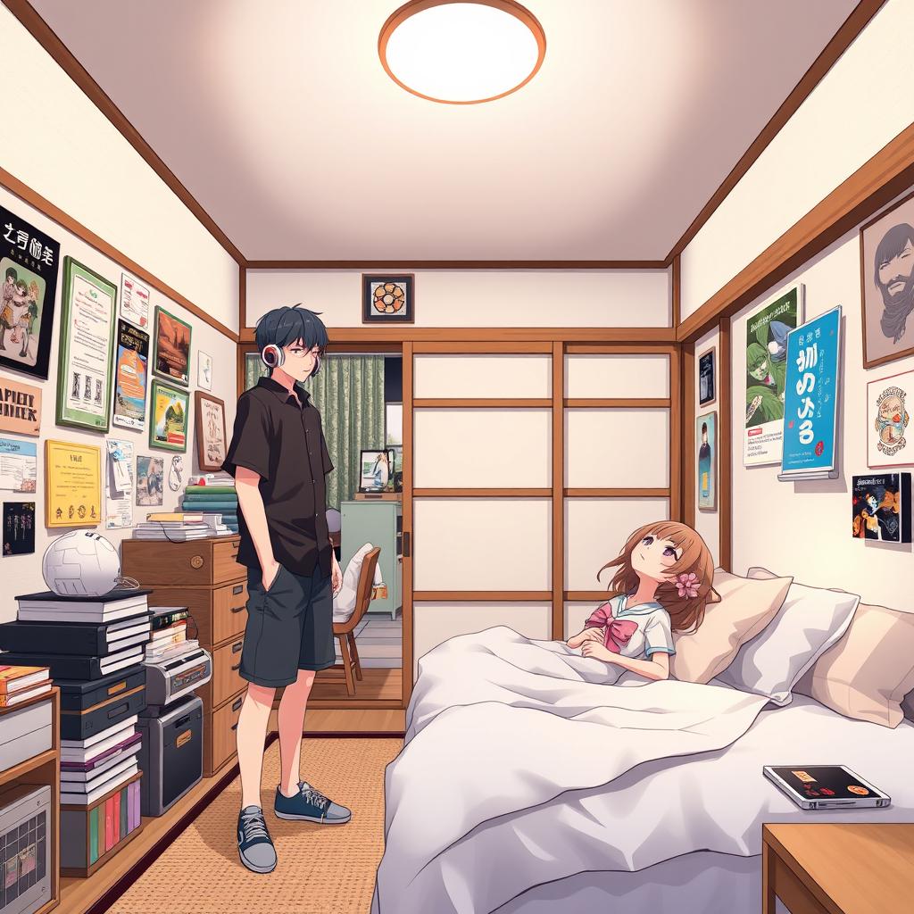 A Japanese-style bedroom with a teenage aesthetic, featuring a couple of anime characters