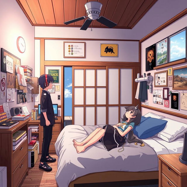 A Japanese-style bedroom with a teenage aesthetic, featuring a couple of anime characters