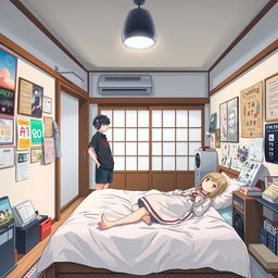 A Japanese-style bedroom with a teenage aesthetic, featuring a couple of anime characters