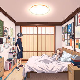 A Japanese-style bedroom with a teenage aesthetic, featuring a couple of anime characters