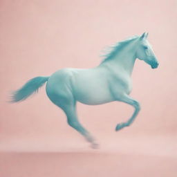 A minimalist and abstract design capturing a blurred silhouette of a horse in motion, set against a dreamy, subtly detailed, pastel-colored background