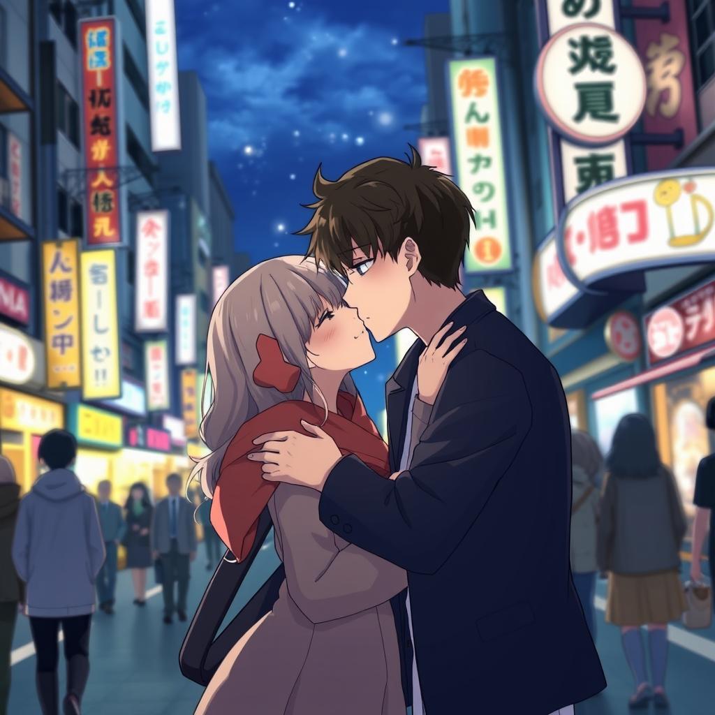 An anime couple saying goodbye with a kiss in a Japanese city at night