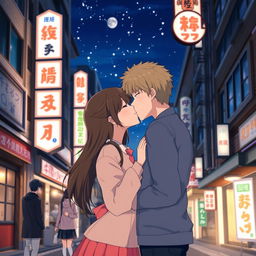 An anime couple saying goodbye with a kiss in a Japanese city at night