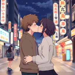 An anime couple saying goodbye with a kiss in a Japanese city at night