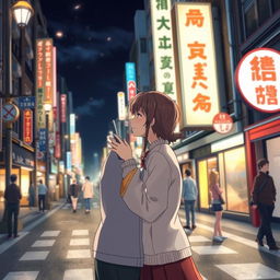 An anime couple saying goodbye with a kiss in a Japanese city at night