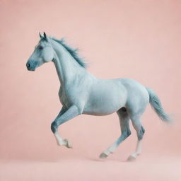 A minimalist and abstract design capturing a blurred silhouette of a horse in motion, set against a dreamy, subtly detailed, pastel-colored background