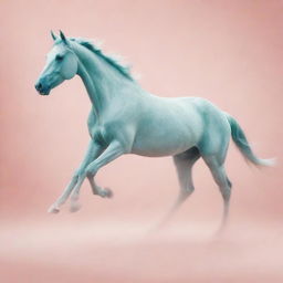 A minimalist and abstract design capturing a blurred silhouette of a horse in motion, set against a dreamy, subtly detailed, pastel-colored background