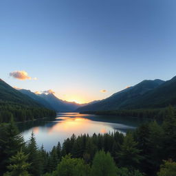 Create a beautiful landscape featuring a serene lake surrounded by lush green forests and mountains in the background