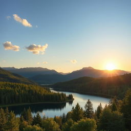 Create a beautiful landscape featuring a serene lake surrounded by lush green forests and mountains in the background