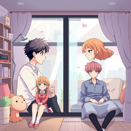 Create an image featuring two anime couples separated in different rooms, each talking to each other over a video call