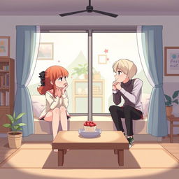 Create an image featuring two anime couples separated in different rooms, each talking to each other over a video call