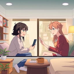 Create an image featuring two anime couples separated in different rooms, each talking to each other over a video call