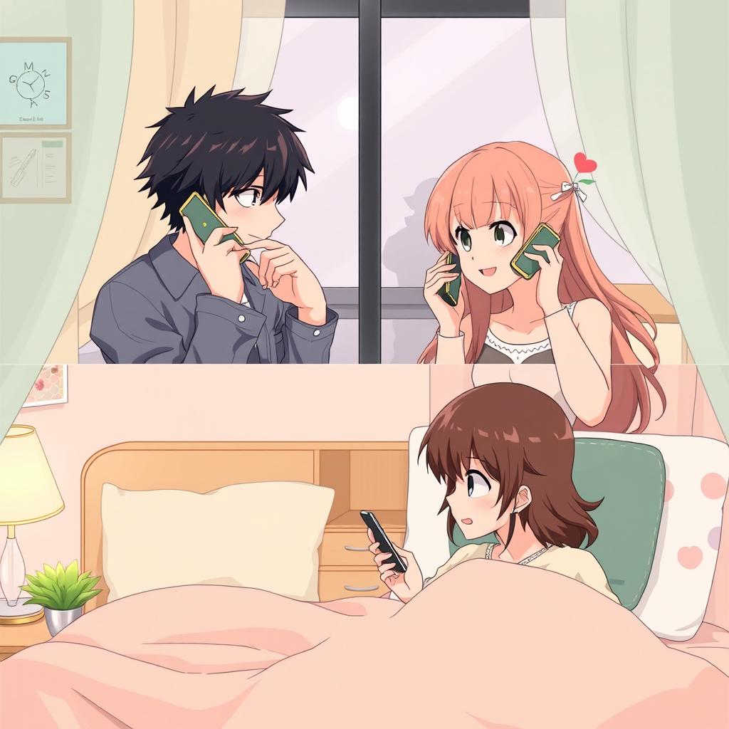 Create an image featuring two anime couples separated in different rooms, each talking to each other over a mobile phone call