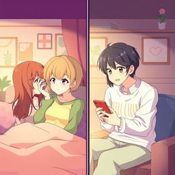 Create an image featuring two anime couples separated in different rooms, each talking to each other over a mobile phone call