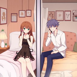 Create an image featuring two anime couples separated in different rooms, each talking to each other over a mobile phone call