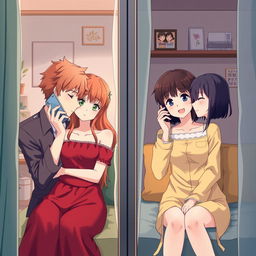 Create an image featuring two anime couples separated in different rooms, each talking to each other over a mobile phone call