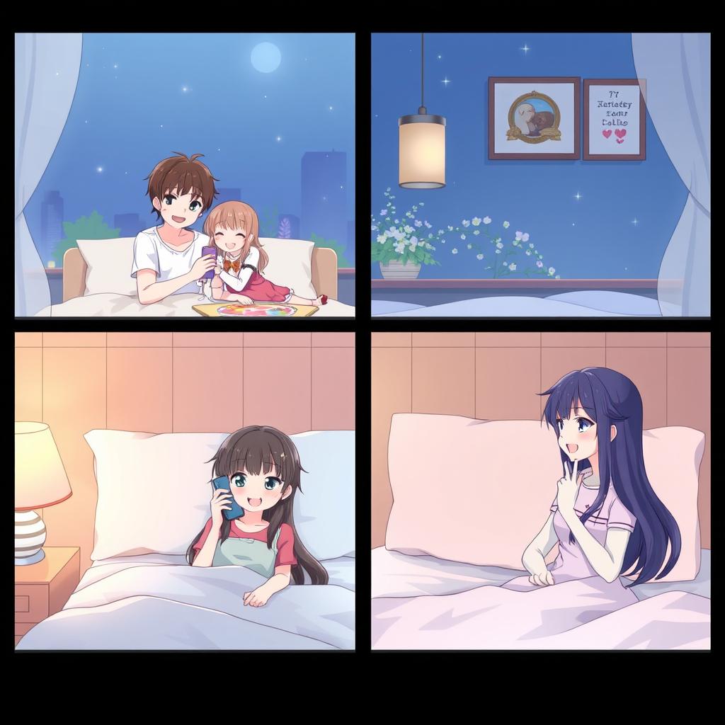 Create an image featuring two anime couples separated in different rooms at night, each talking to each other over a mobile phone call