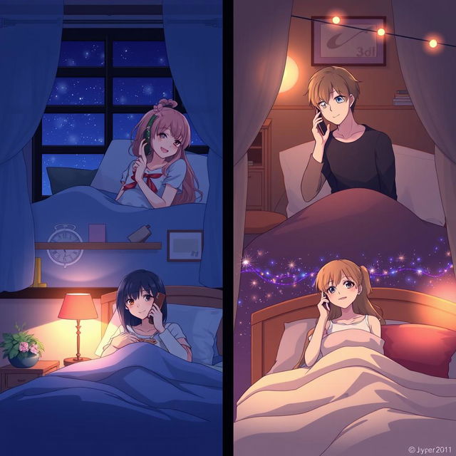 Create an image featuring two anime couples separated in different rooms at night, each talking to each other over a mobile phone call