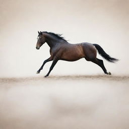 An abstract reinterpretation of the existing image, preserving the minimalist style and dreamy backdrop, yet placing emphasis on a slightly blurred, less detailed silhouette of a horse in motion