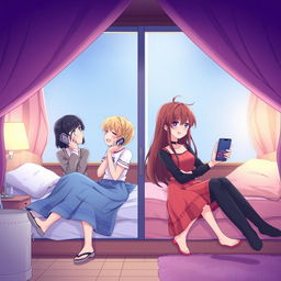 Create an image featuring two anime couples separated in different rooms at night, each talking to each other over a mobile phone call